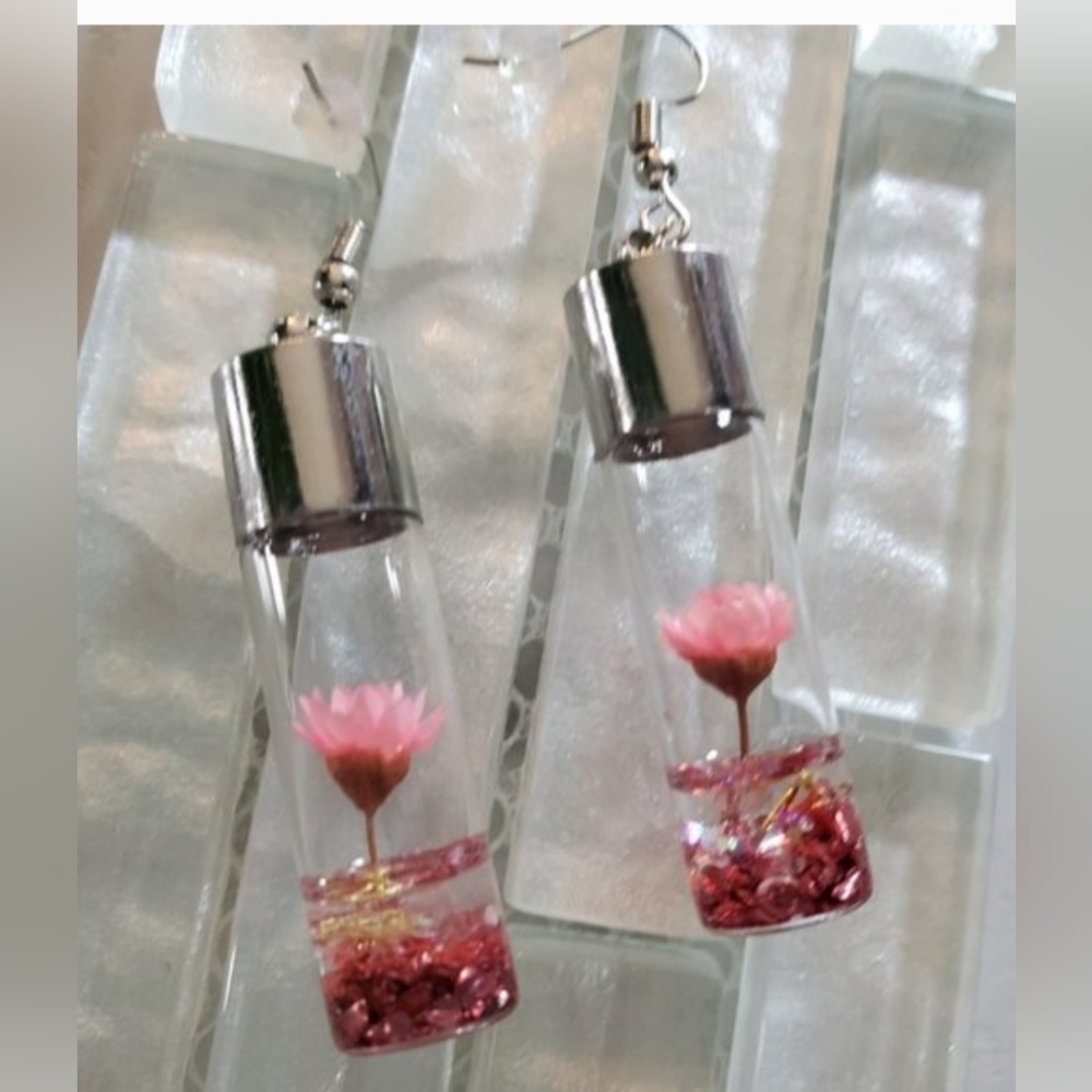 Pink Wish Flowers Glass Bottle Dangle Earrings - Picture 12 of 14